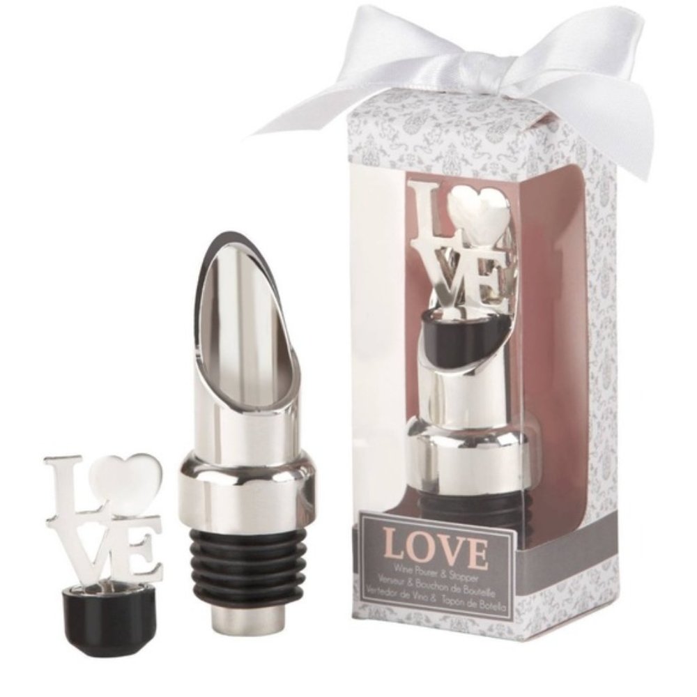 Kate Aspen Wine Bottle Stopper & Pourer LOVE Chrome Silver